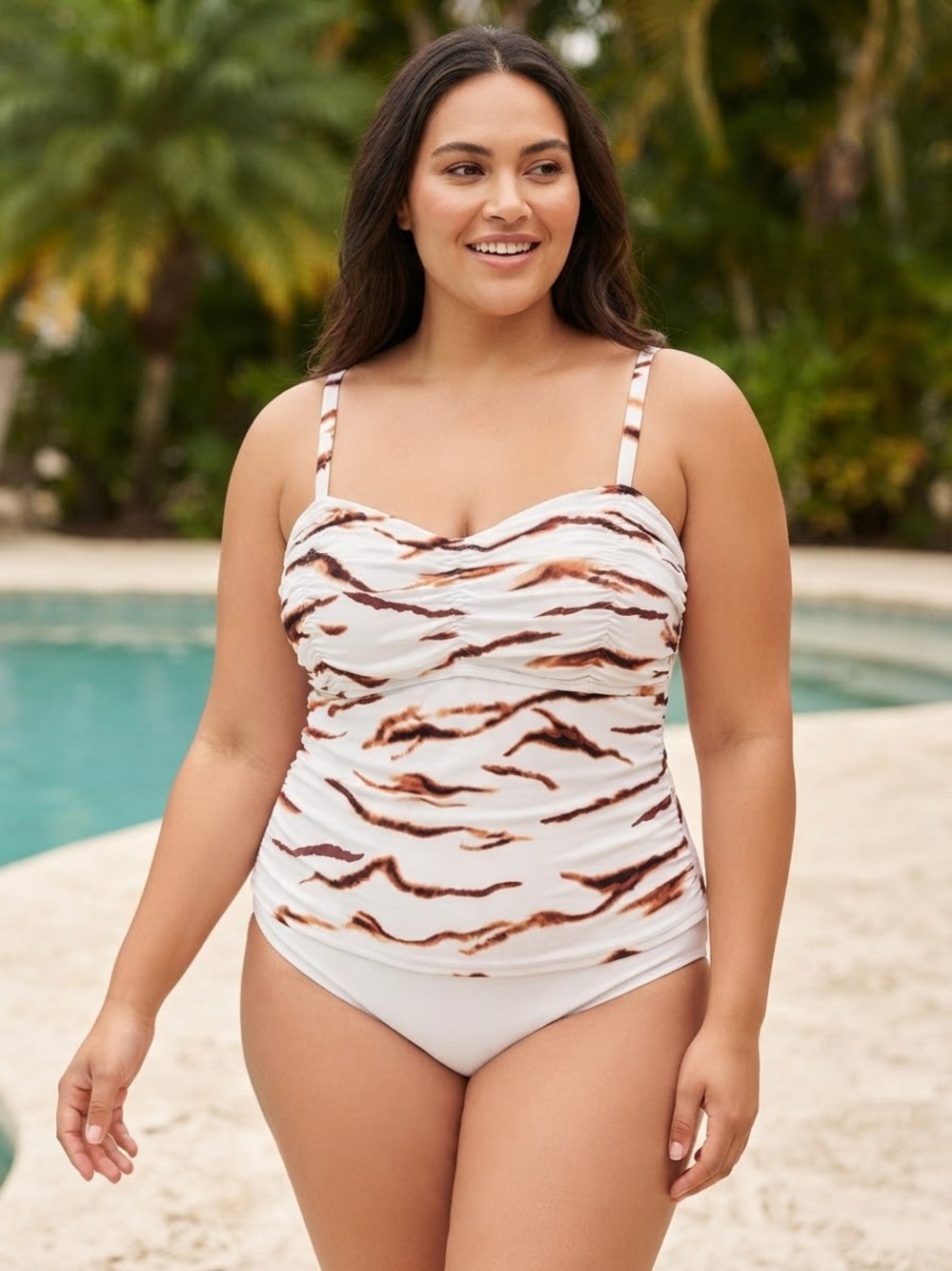 Women’s White and Brown Patterned Tankini Top